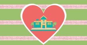 A school building is on a heart with EKG results in the background to show how Code Ana supports schools with sudden cardiac arrest education.