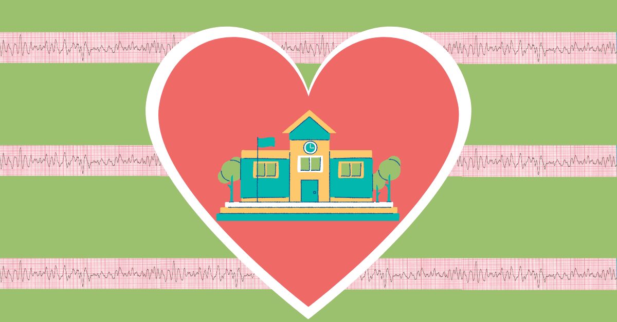 A school building is on a heart with EKG results in the background to show how Code Ana supports schools with sudden cardiac arrest education.